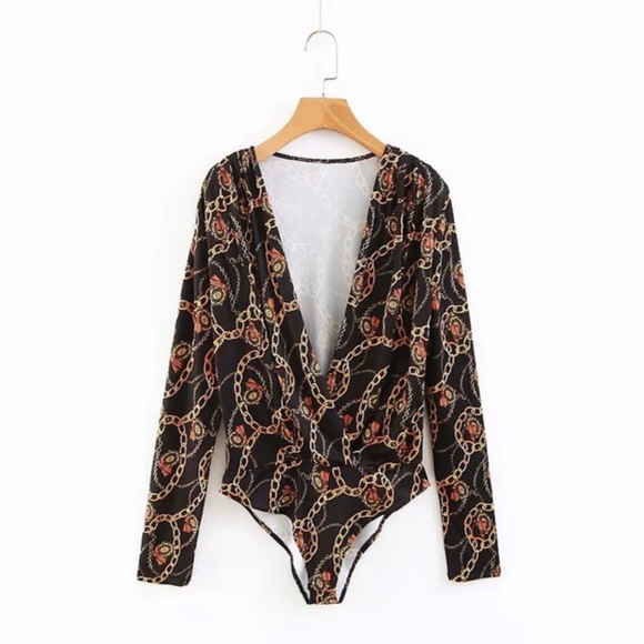New Sexy Bodysuit women vintage print long sleeve - Picture 1 of 2